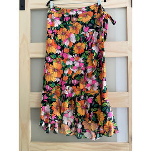 Topshop US 8 Floral Wrap Midi Skirt Black Multicolor Ruffle Hem NWOT
